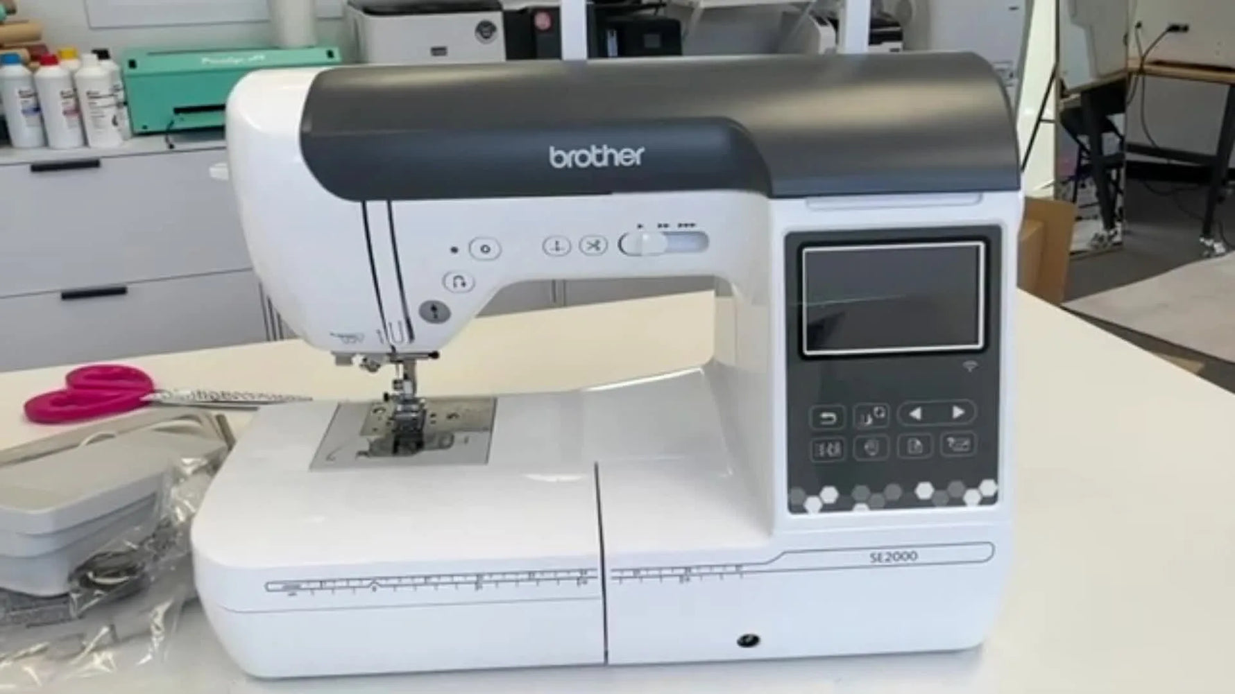 A full view of the Brother SE2000 on a clean worktable, highlighting the kind of home-studio setup most buyers start with.