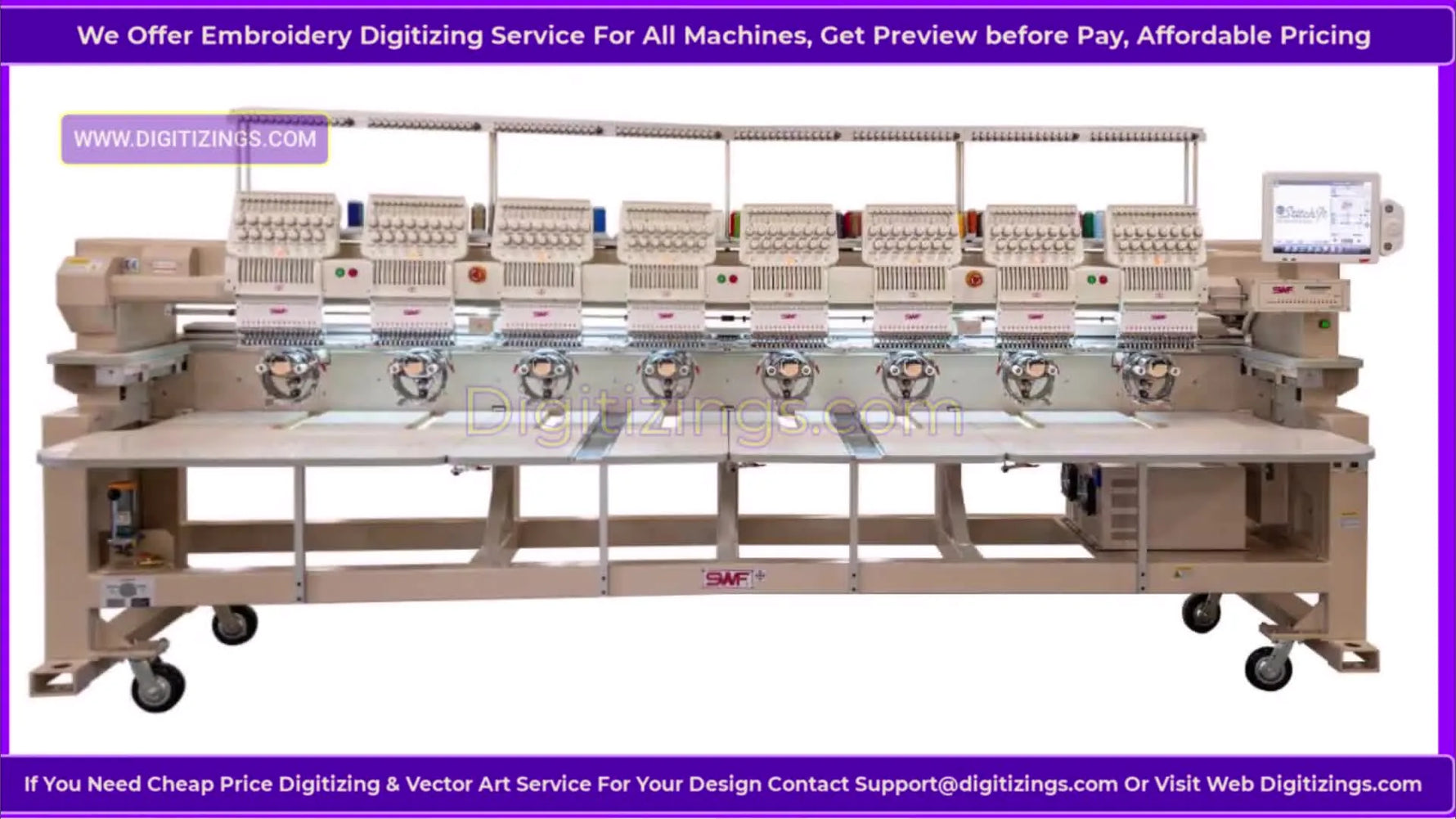 A wide, clean product shot of the SWF KS-UH1508-45 8-head commercial embroidery machine on a white background.