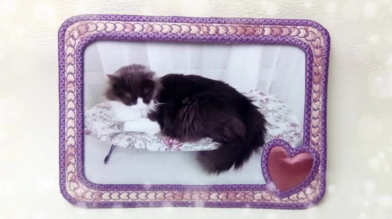 A finished embroidered ITH photo frame with a satin-stitched border and a small heart detail holding a cat photo.