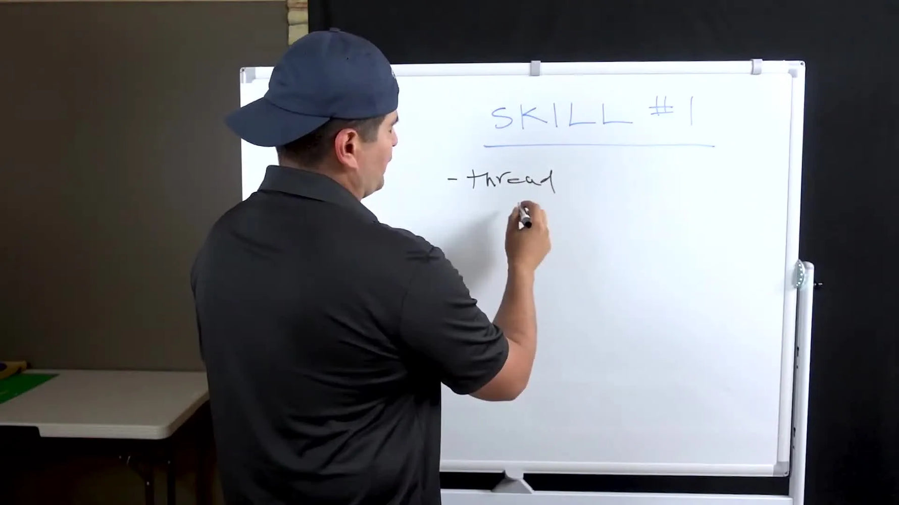 A whiteboard list of embroidery fundamentals—thread, tension, and needles—being explained as the foundation of a successful embroidery business.