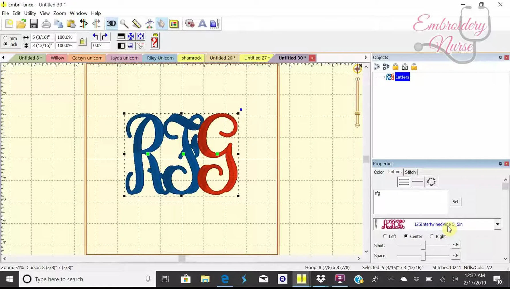 The Embrilliance workspace displays an interlocking “Intertwined Vine” monogram style ready for layering and alignment.