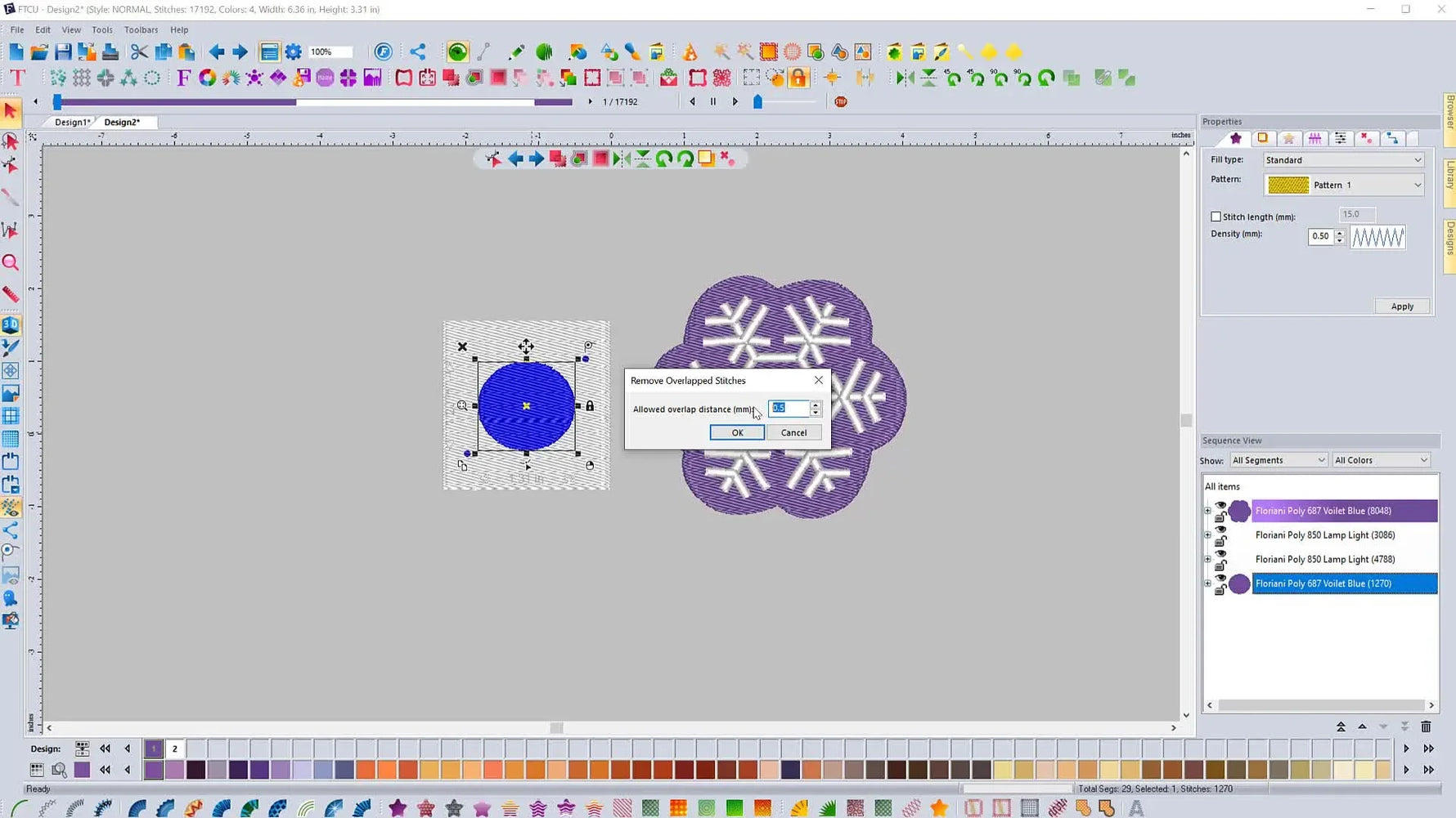 A close-up of the Floriani “Remove Overlapped Stitches” dialog box with the overlap value changed to 1.0 mm for a cleaner fill-on-fill cutout.