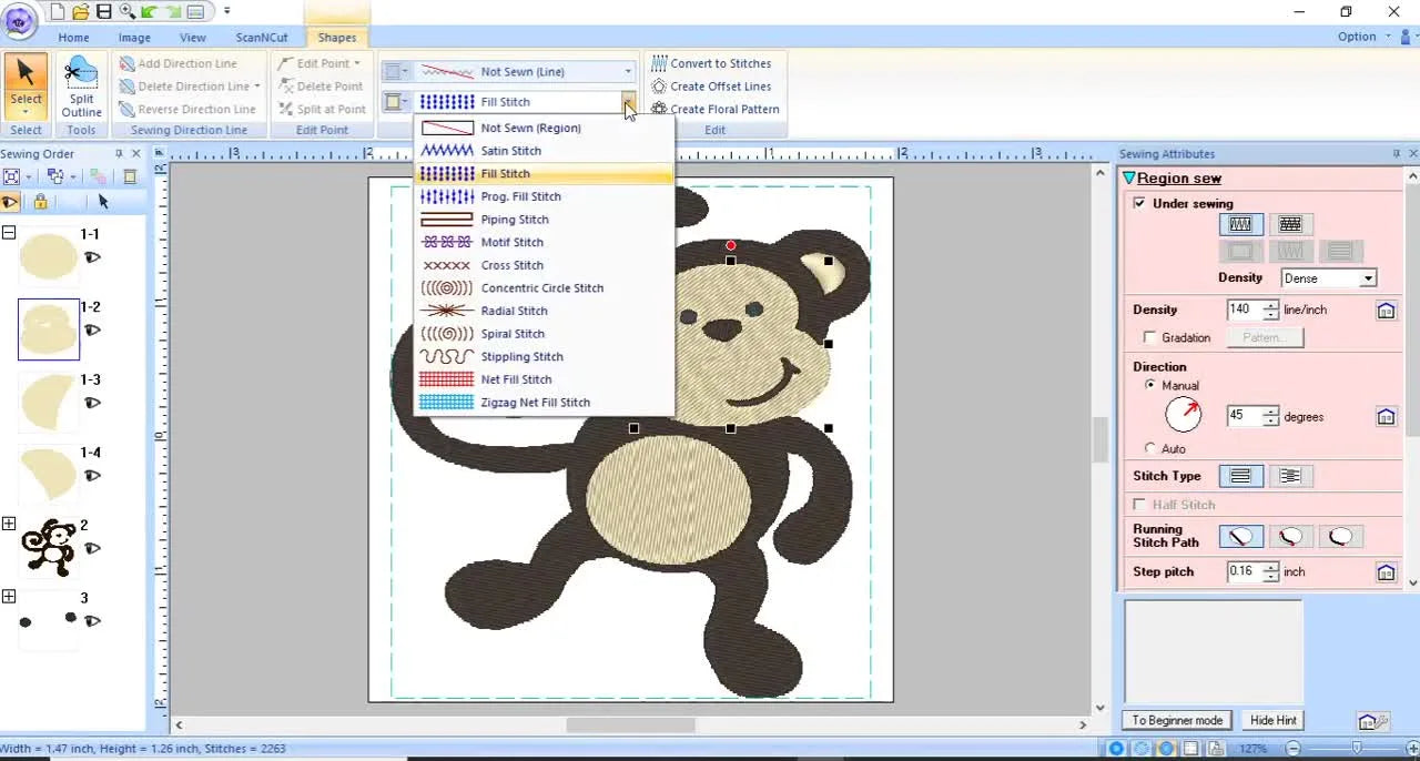 The PE-Design 10 stitch-type dropdown is open beside a monkey-face design, ready for texture changes.