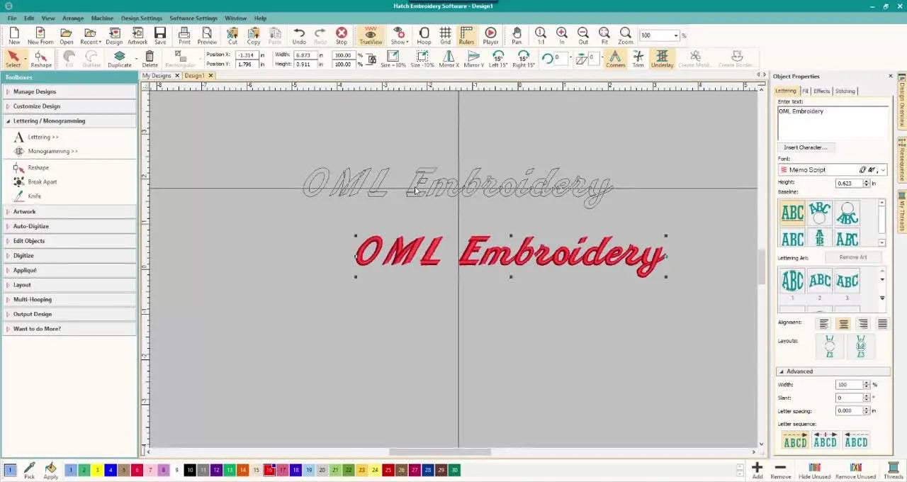 A screen capture of Wilcom Hatch showing large red Memo Script lettering centered on the grid for a clear stitch preview.