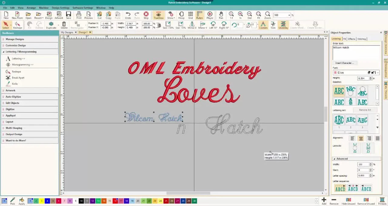 A Hatch workspace view showing three script fonts—Memo Script, Handy Script, and Eliza—side by side for quick visual comparison.