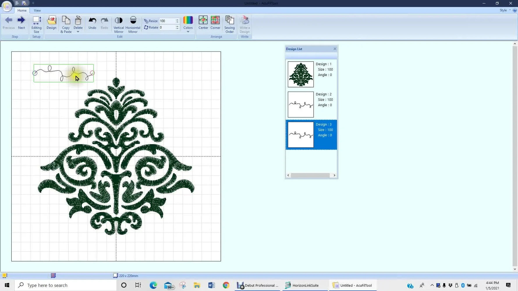 A zoomed-in screen view of an AcuFil stippling border showing the small connecting circles that allow continuous stitching without tie-ins or tie-offs.