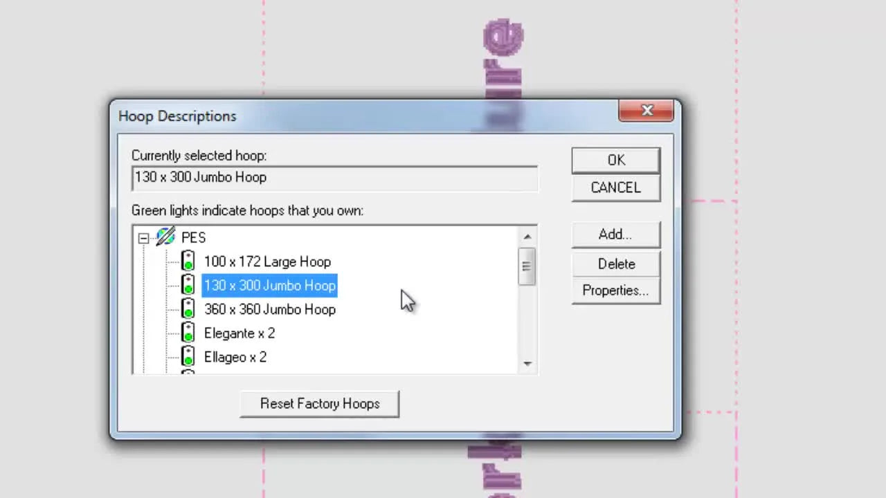 The HoopWorks “Hoop Descriptions” list with the 130 x 300 Jumbo Hoop highlighted for BabyLock Ellure multi-position splitting.