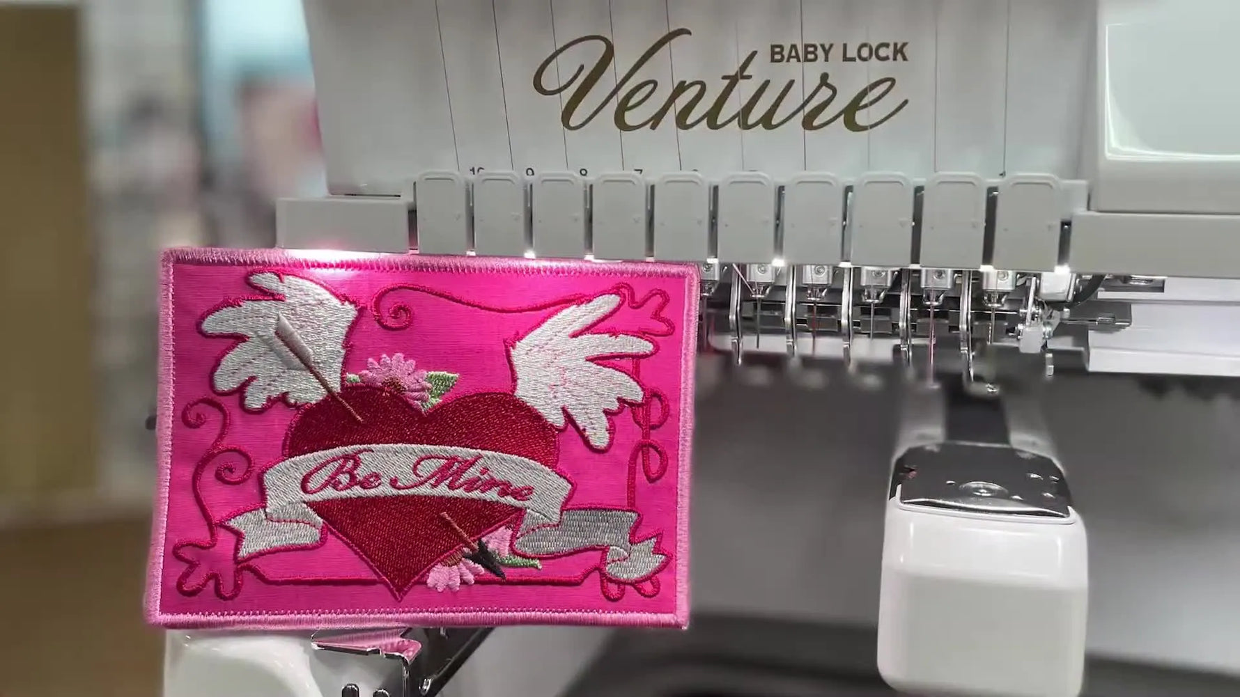 Close-up of the finished in-the-hoop Valentine card stitched on the Baby Lock Venture, showing the heart design and clean edges.