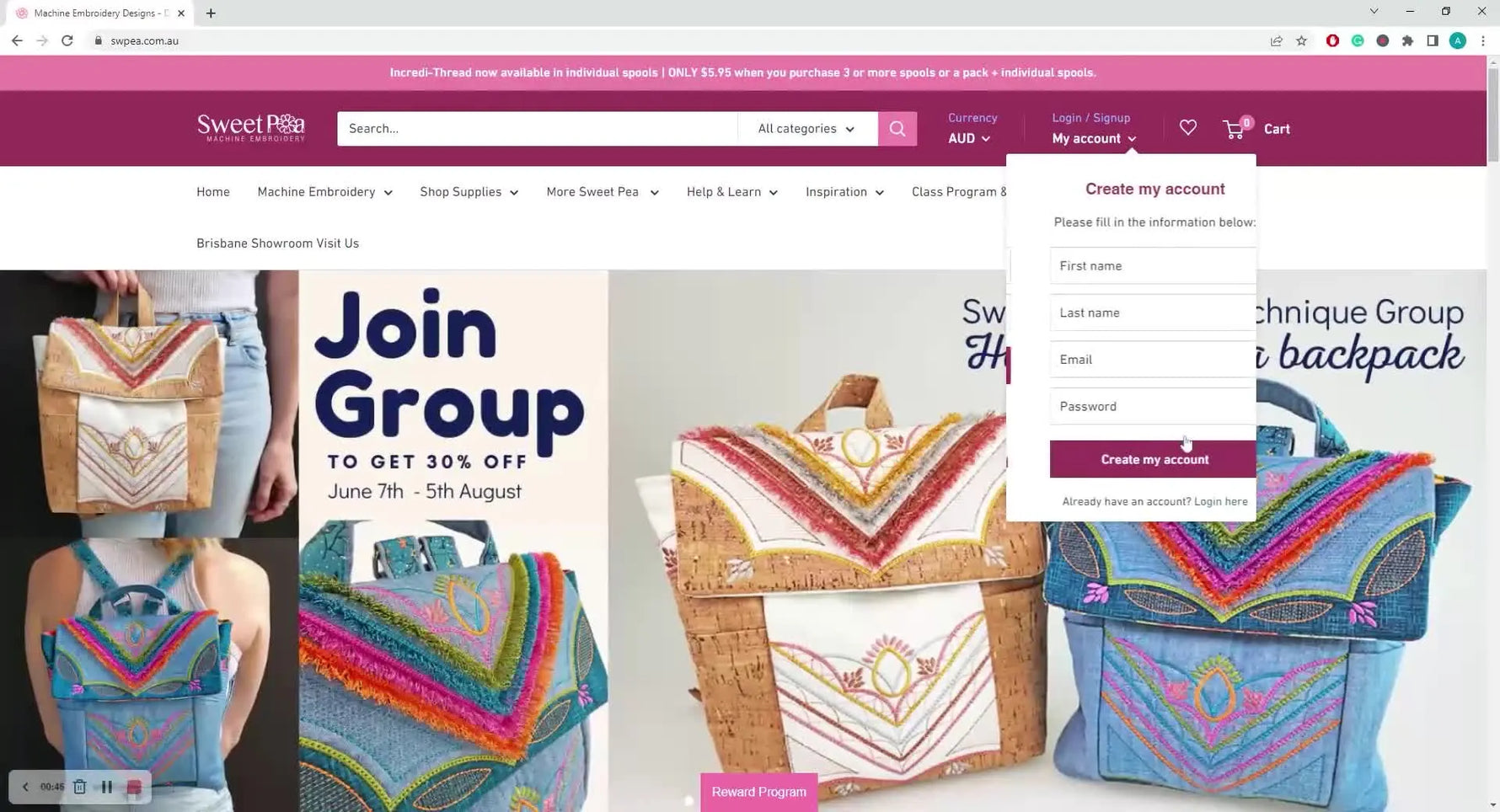 The Sweet Pea “Create my account” registration form is open in a browser, ready for first-time setup.