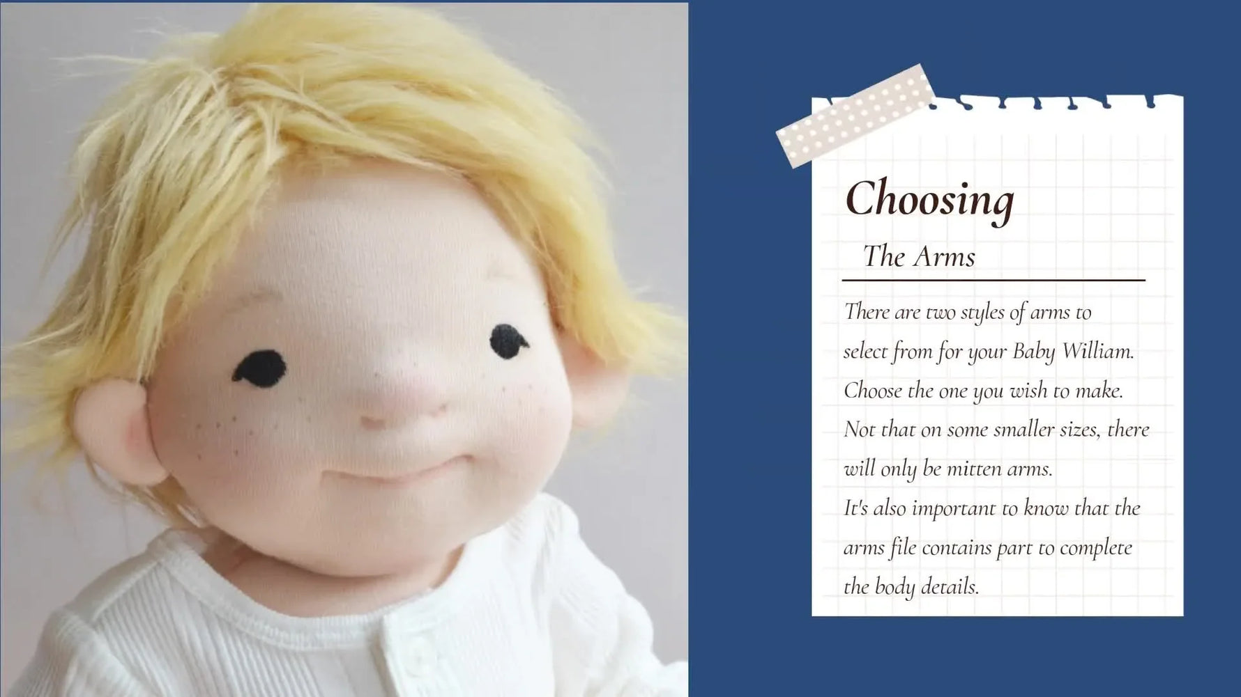 A close overhead view shows the fabric layers being placed to form the in-the-hoop sandwich for William’s arms.