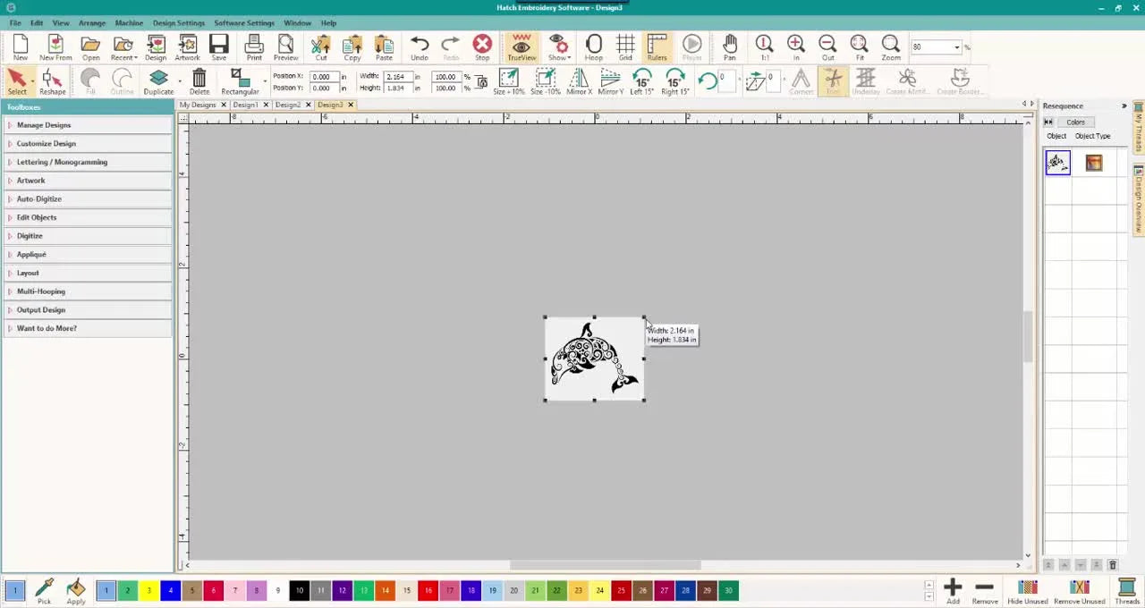 A screen capture of Wilcom Hatch showing a complex dolphin graphic scaled up, highlighting why detail and size must match before digitizing.