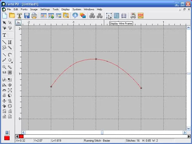 Wireframe view in Forte PD showing Bezier anchor handles used to reshape a running stitch curve.
