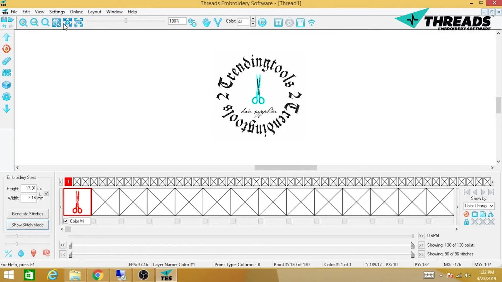 Digitize a Scissors Logo in Threads Embroidery Software Without the Ugly Satin Wobble (Arc Columns, 3-Point Tips, and a Clean Stitch Preview)