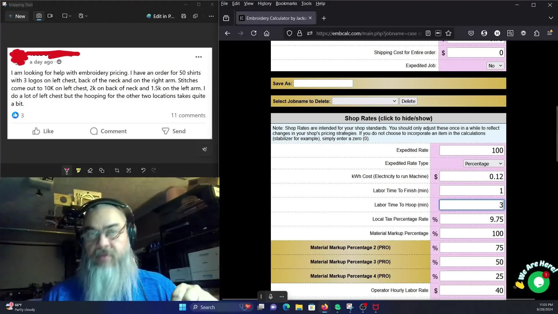 A screen capture shows the Embroidery Calculator setting where “Labor Time to Hoop” is increased to 3 minutes to account for difficult hooping locations.