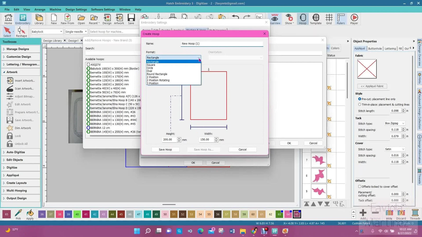 The Hatch 3 “Create Hoop” dialog highlights the critical Two Position Rotating Hoop selection used to split a large design into two aligned hoopings.