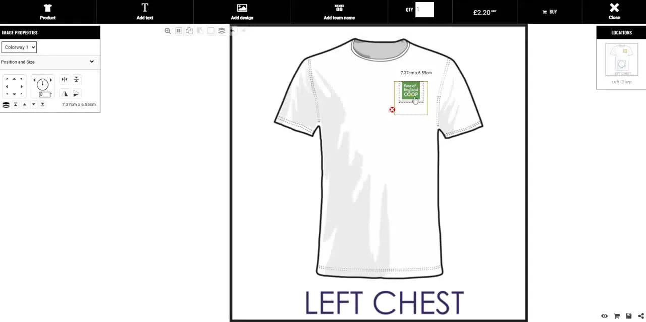Embroidery logo preview on a left chest T-shirt with size and stitch count indicators.
