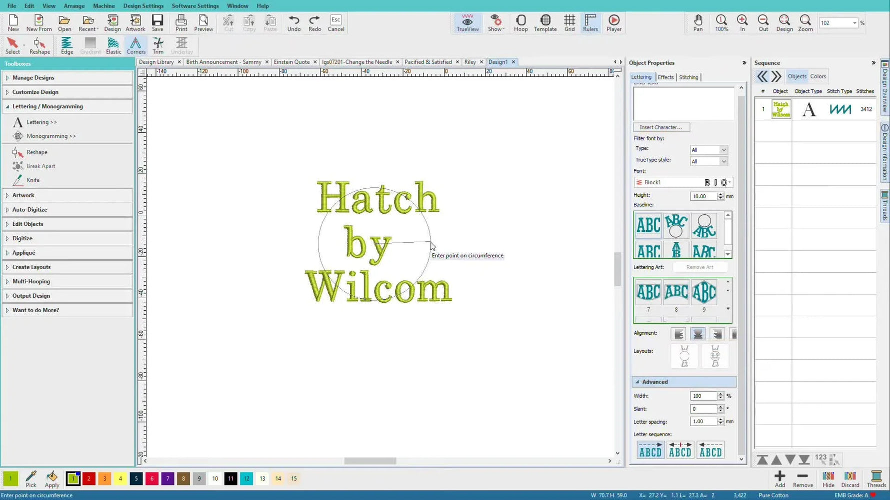A screen capture of Hatch showing “Hatch by Wilcom” arranged in a clean circular lettering layout with editable control points.