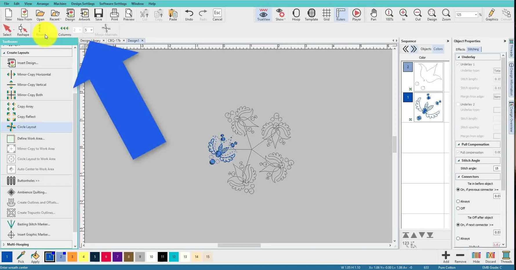 A completed floral wreath created in Hatch Embroidery 2 using Circle Layout with nine repeats, ready for printing templates and garment placement.