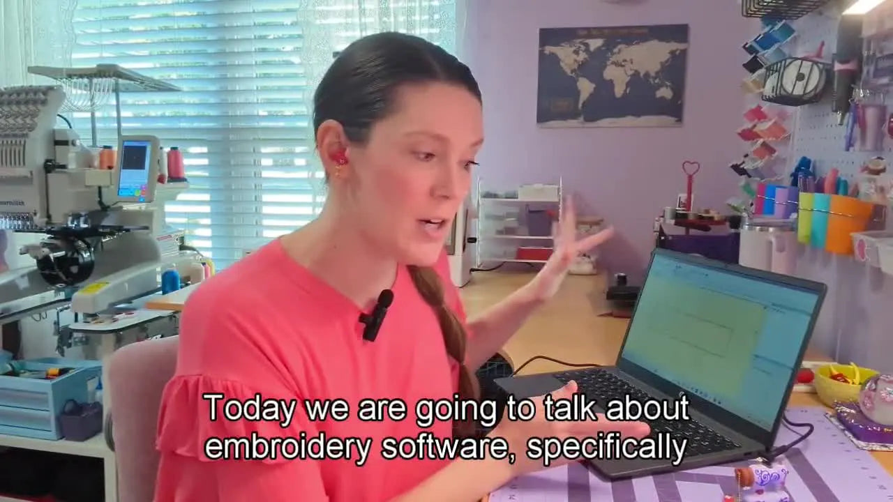 Woman introducing the tutorial, gesturing towards a laptop displaying embroidery software.