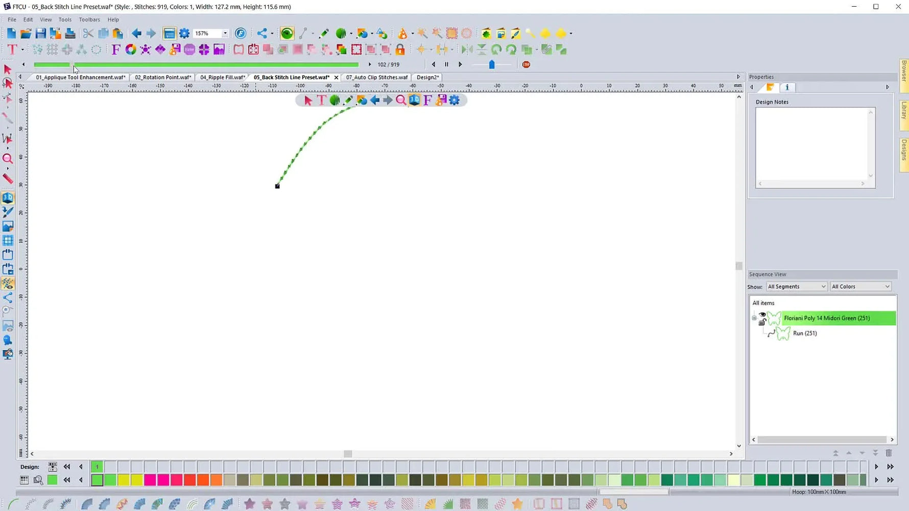 An extreme close-up in FTCU Slow Redraw showing the forward–back–forward stitch path that creates a faux hand-look backstitch effect.