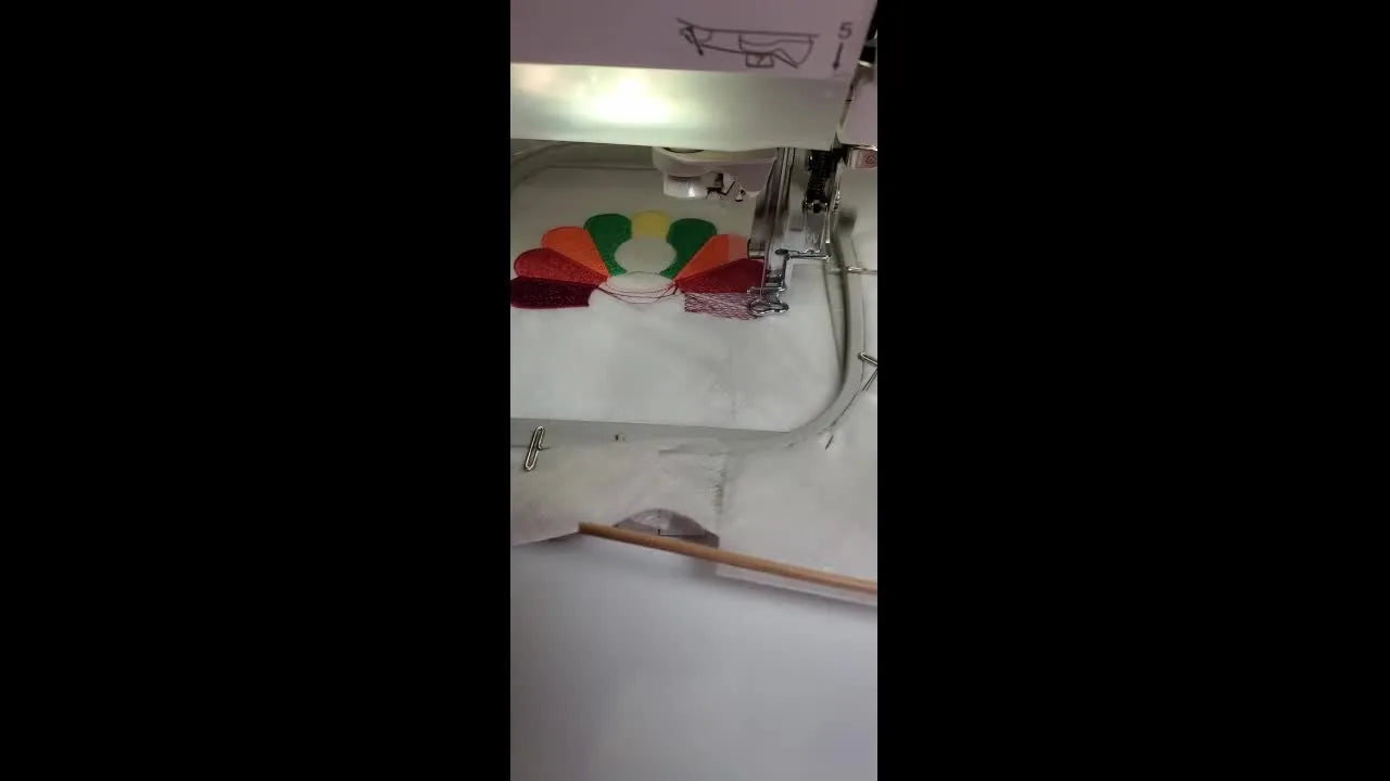 A close-up shows a thin wooden skewer holding down flapping water-soluble stabilizer scraps near the embroidery foot while an FSL turkey earring stitches.