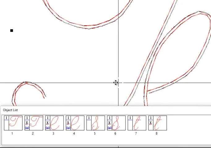 A zoomed-in screen capture shows a letter built from two clean, parallel red running-stitch lines after the first contour pass.