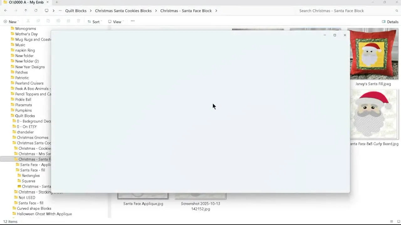 A finished red pillow showcases the Curly Beard Santa appliqué block stitched cleanly and centered.