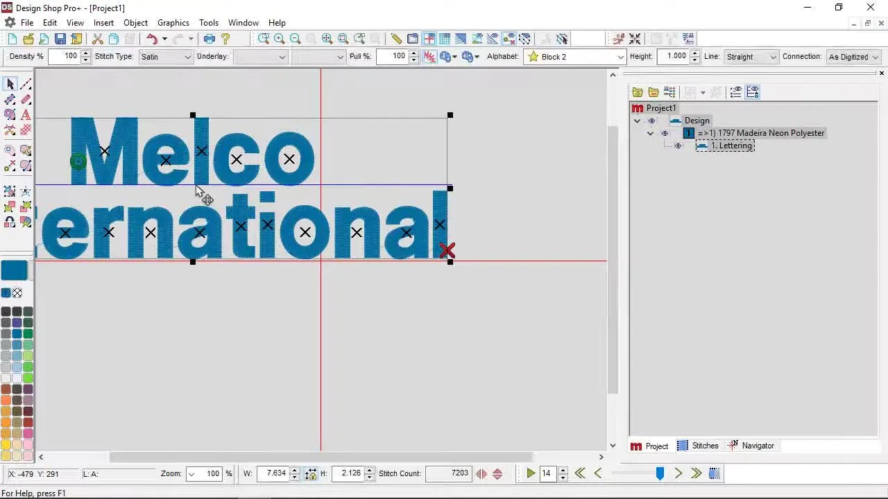 A completed “Melco” lettering segment is selected on the DesignShop v10 canvas with resize handles visible, showing the text ready for positioning and edits.