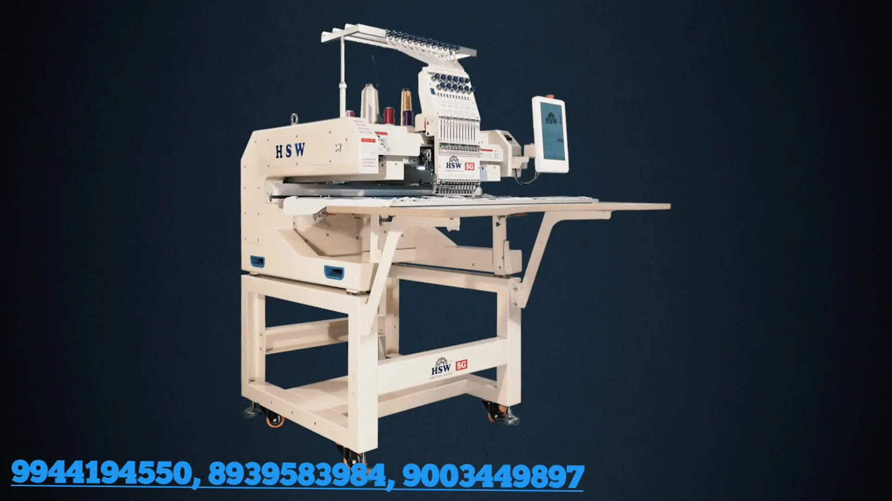 A wide studio view of the HSW 5G embroidery machine on its stand with the thread rack visible.