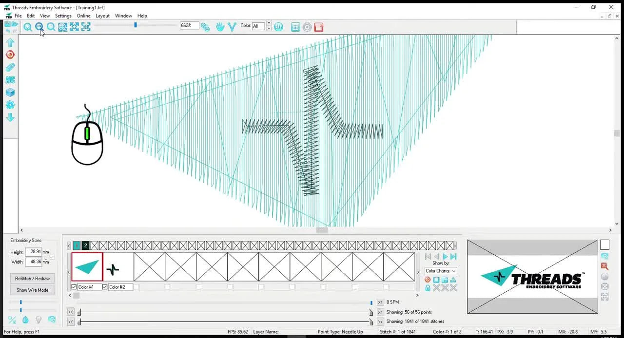 A finished 3D preview in Threads Embroidery Software showing a teal satin-stitch heartbeat/EKG design made from multiple column objects.