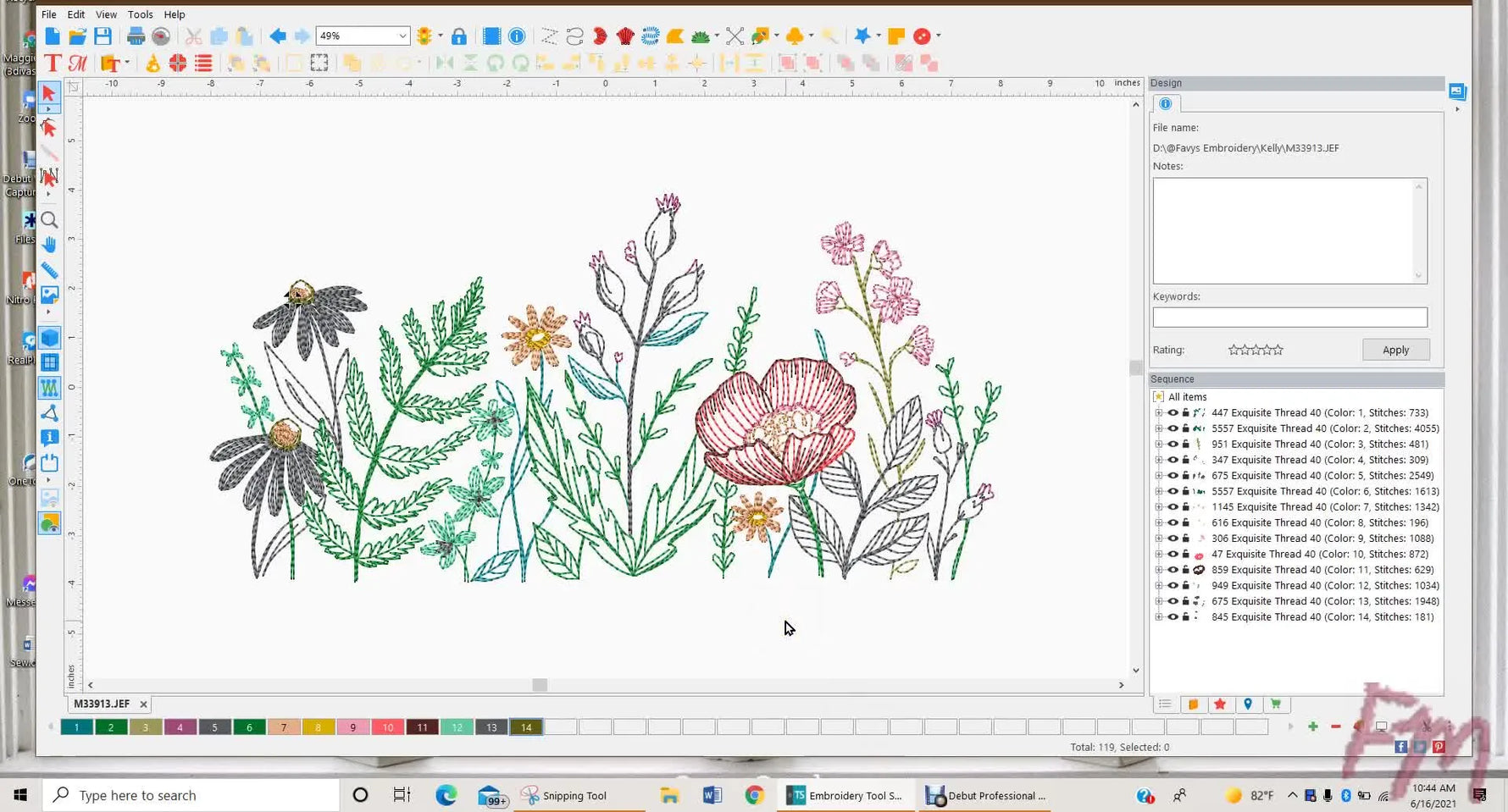 A full-screen view of a 16-inch wildflower embroidery design inside digitizing software, ready to be split for two hoopings.