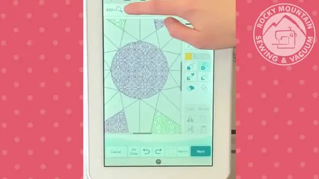 A fully colored My Design Center design preview on the Brother Luminaire screen showing multiple stitch types (decorative fill, stippling, satin, and crosshatch) before conversion to an embroidery file.