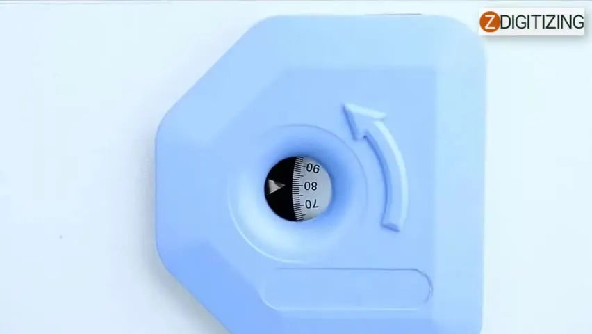 A close-up side view shows a Ricoma CHT2 head being manually rotated until the analog dial aligns precisely at 100 degrees.