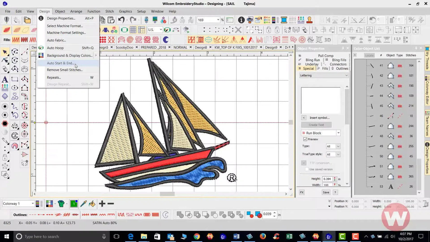 Wilcom EmbroideryStudio e4’s Auto Start & End dialog is shown with the center position selected to keep start and end points locked to the hoop center.