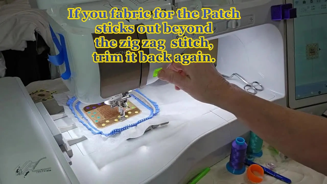 Square “Ouch” Band-Aid ITH Patch on a Baby Lock Visionary: Clean Edges, No Fuss Backing, and a Border That Hides Mistakes