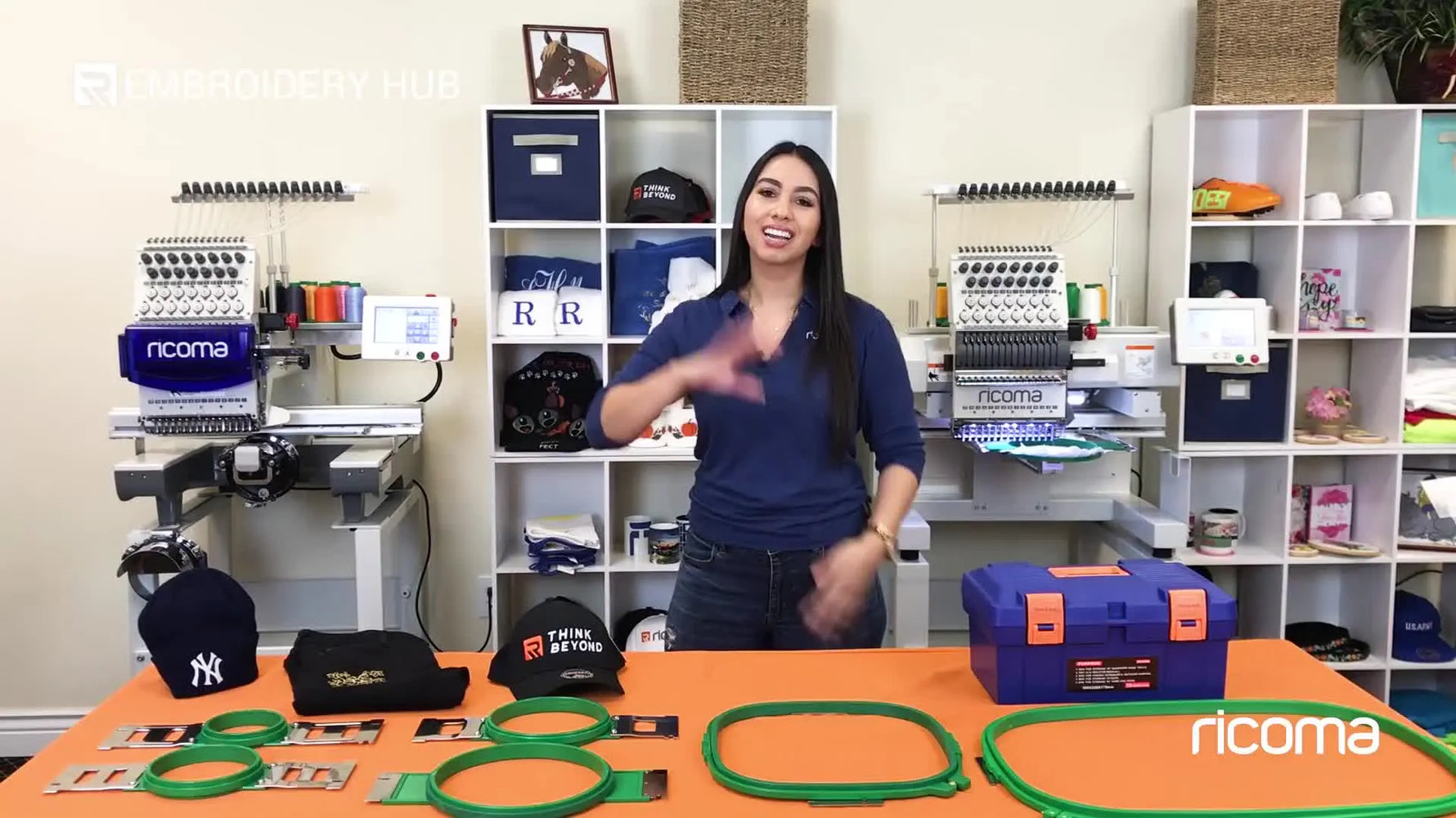 A wide studio shot showing the Ricoma TC-1501 and Ricoma MT-1501 side by side with hoops on the table, setting up a practical comparison.
