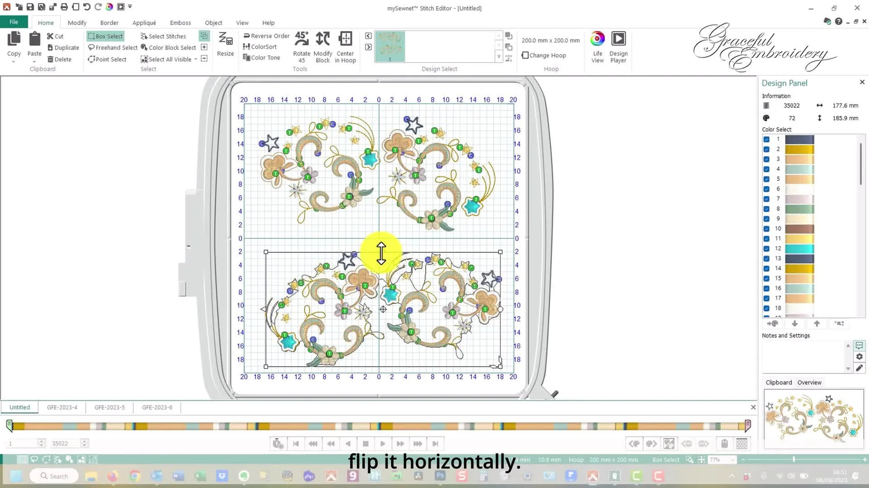A mySewnet screen capture showing the top half of a square embroidery design being mirrored with flip tools to create perfectly matched quadrants.