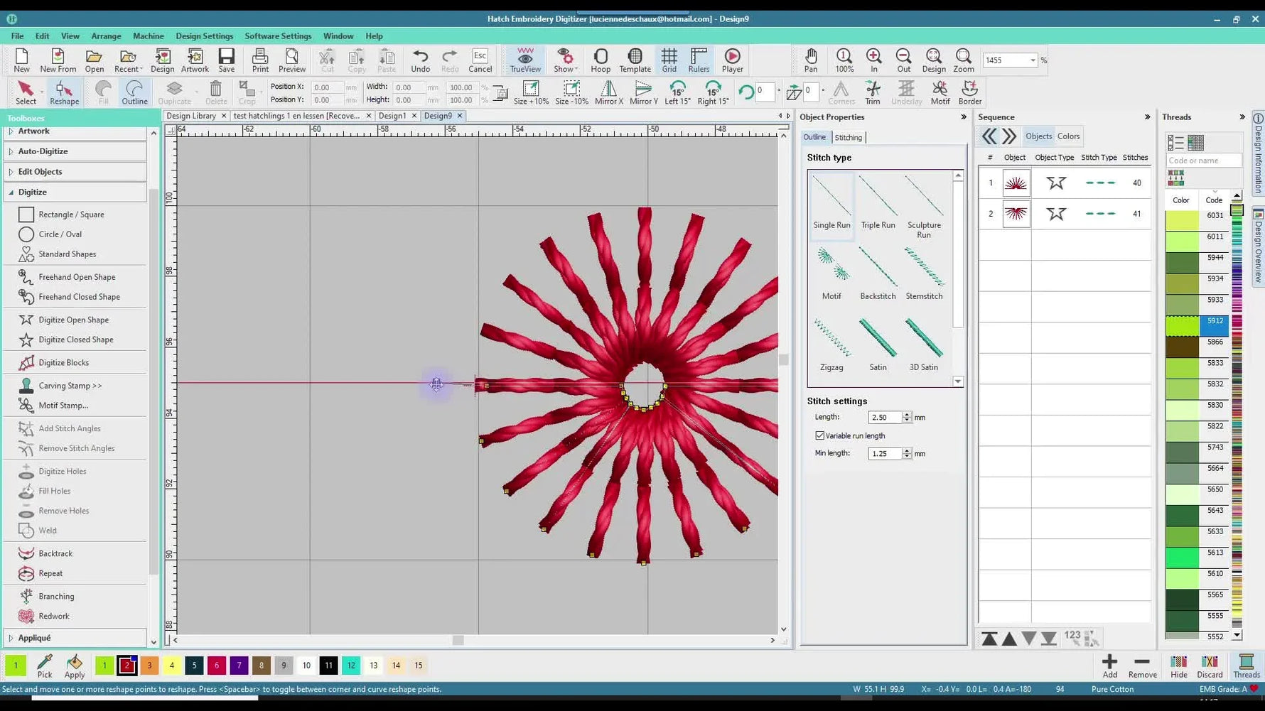 Close-up of the Reshape markers being dragged to the motif edge so repeats connect smoothly without gaps.