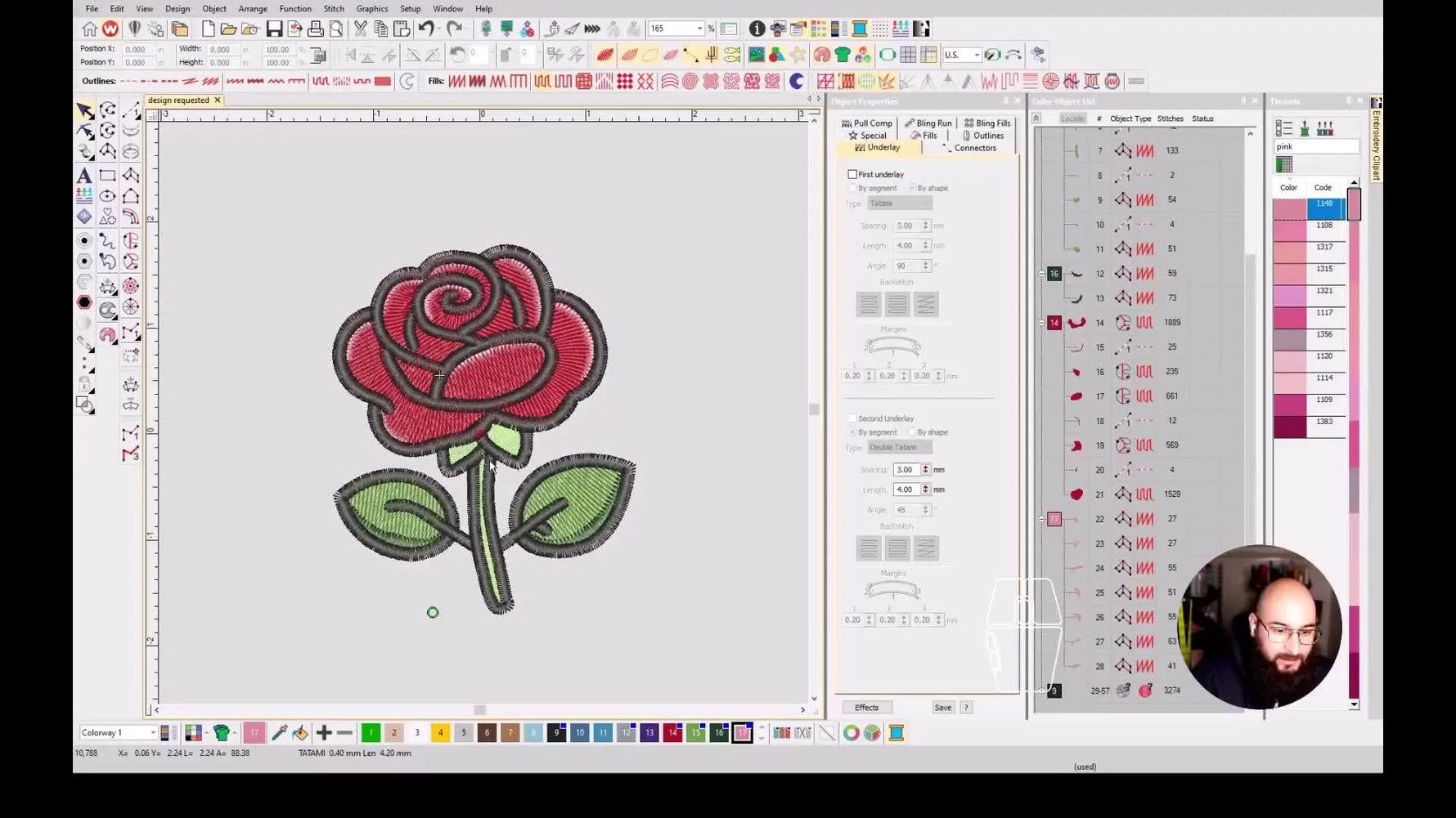 A simulated “after” view shows the completed digitized rose embroidery file side-by-side with the original vector artwork.