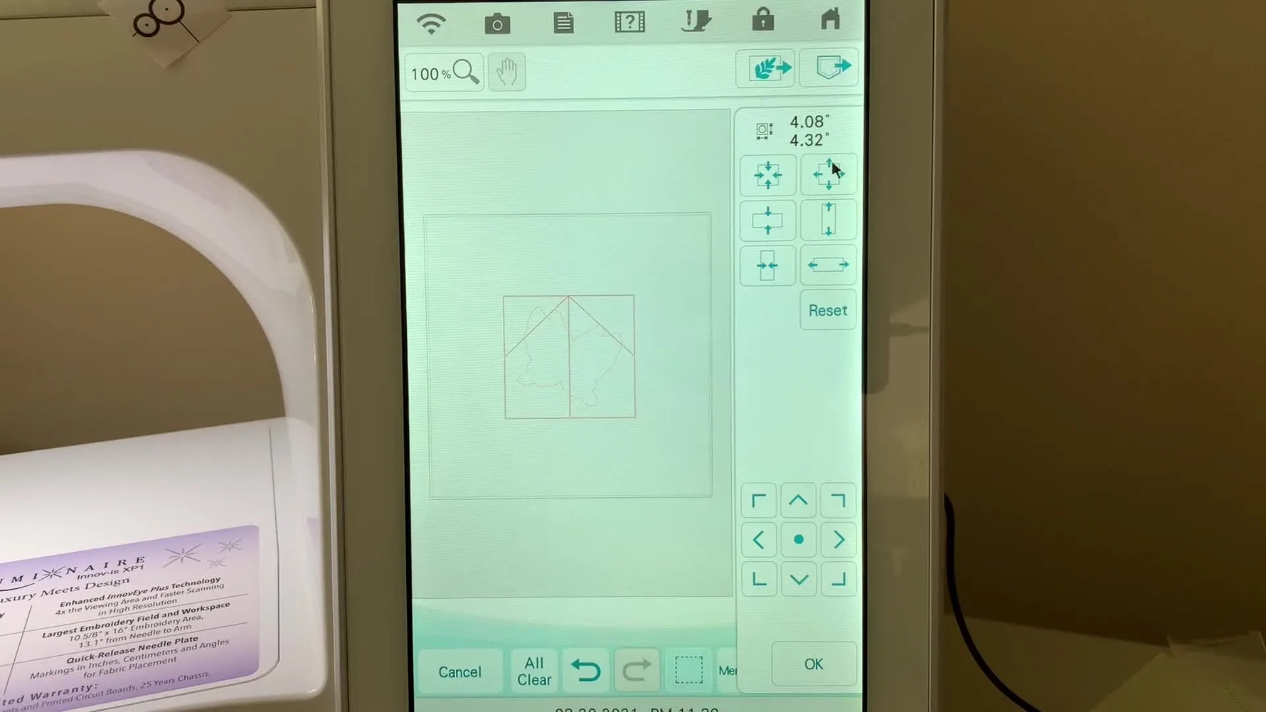 The Brother Luminaire screen shows a duplicated outline being resized to form clean, evenly spaced echo lines around a butterfly design.