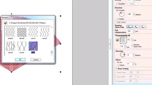 A screen capture shows the Programmable Fill library in PE-DESIGN NEXT with a custom Leaf pattern selected and ready to apply.