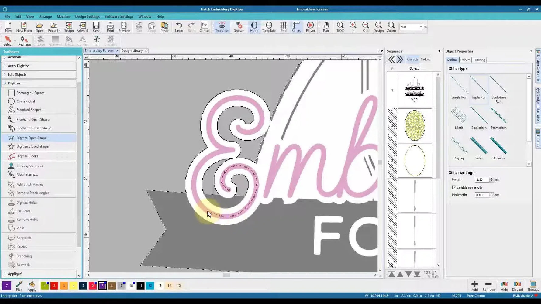 Digitizing the cursive letter 'E' with curved nodes in Hatch Embroidery.