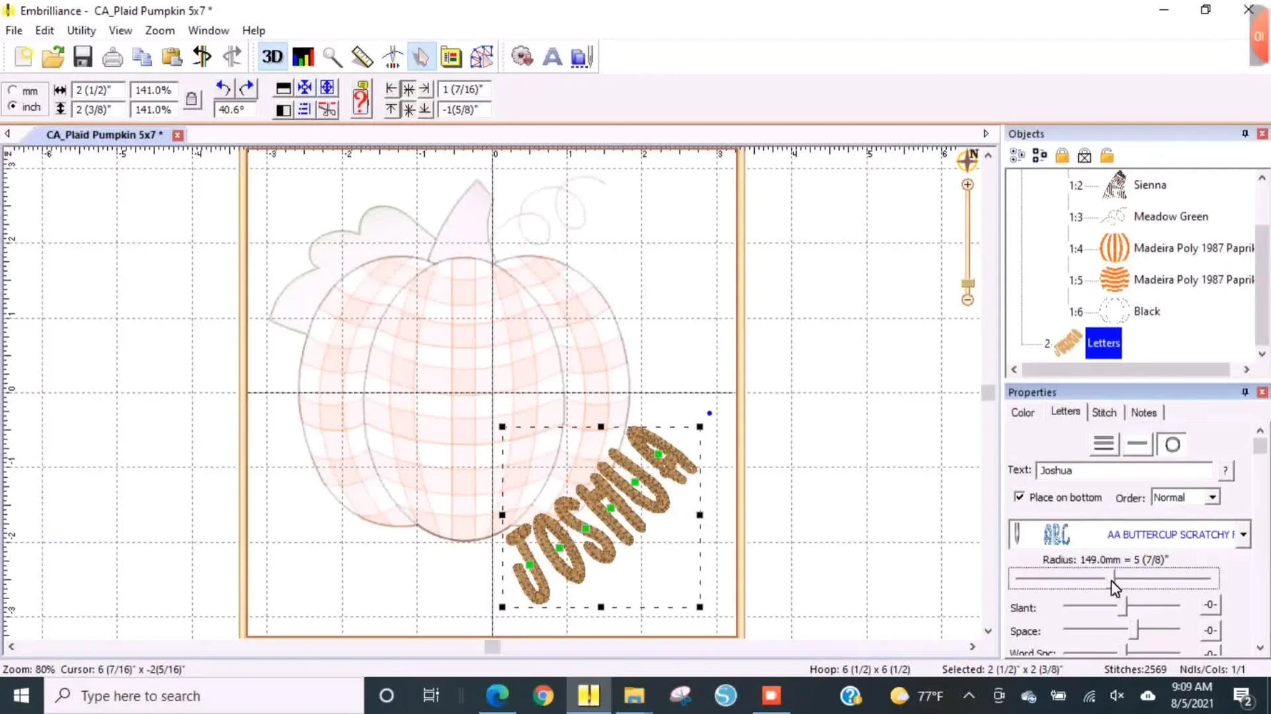 A screen capture shows the text rounding radius slider being adjusted to arch a name neatly over a pumpkin embroidery design in Embrilliance.