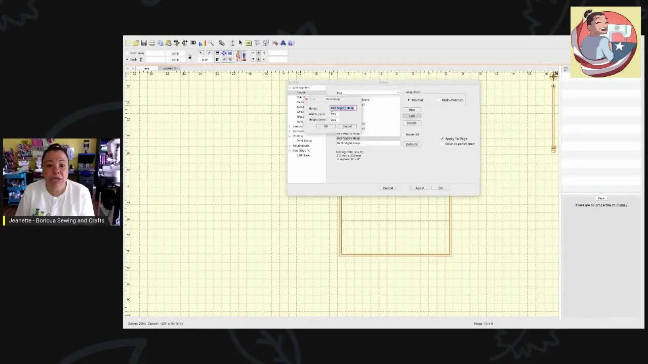 A close-up screen capture shows the Embrilliance Preferences hoop editor where the Width value is being changed to correct hoop orientation.