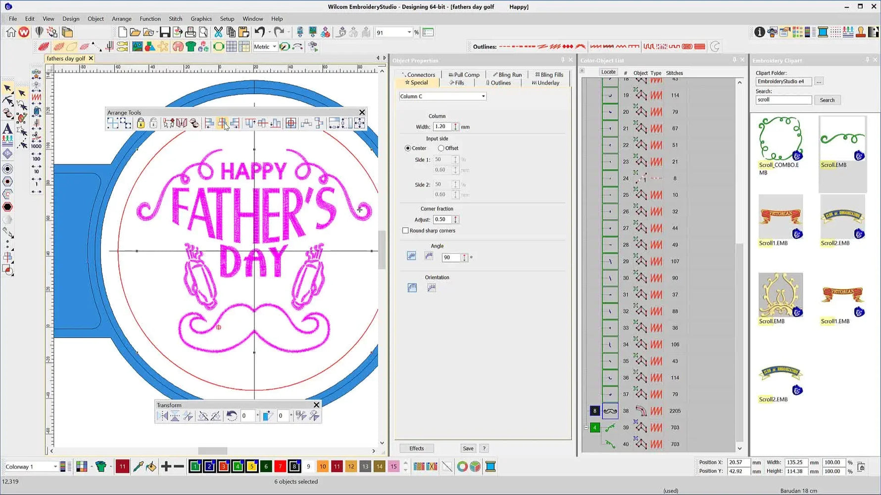 The finished Father’s Day composition in Wilcom EmbroideryStudio e4, with curved text, mirrored clipart, and a centered mustache accent.