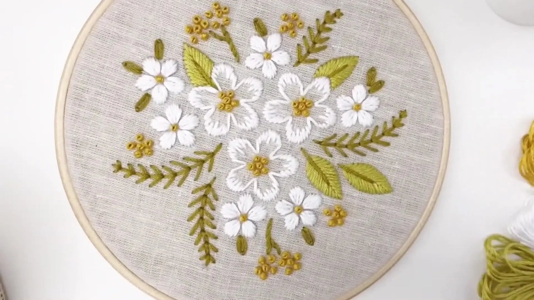 Finished oval embroidery hoop with a floral design.