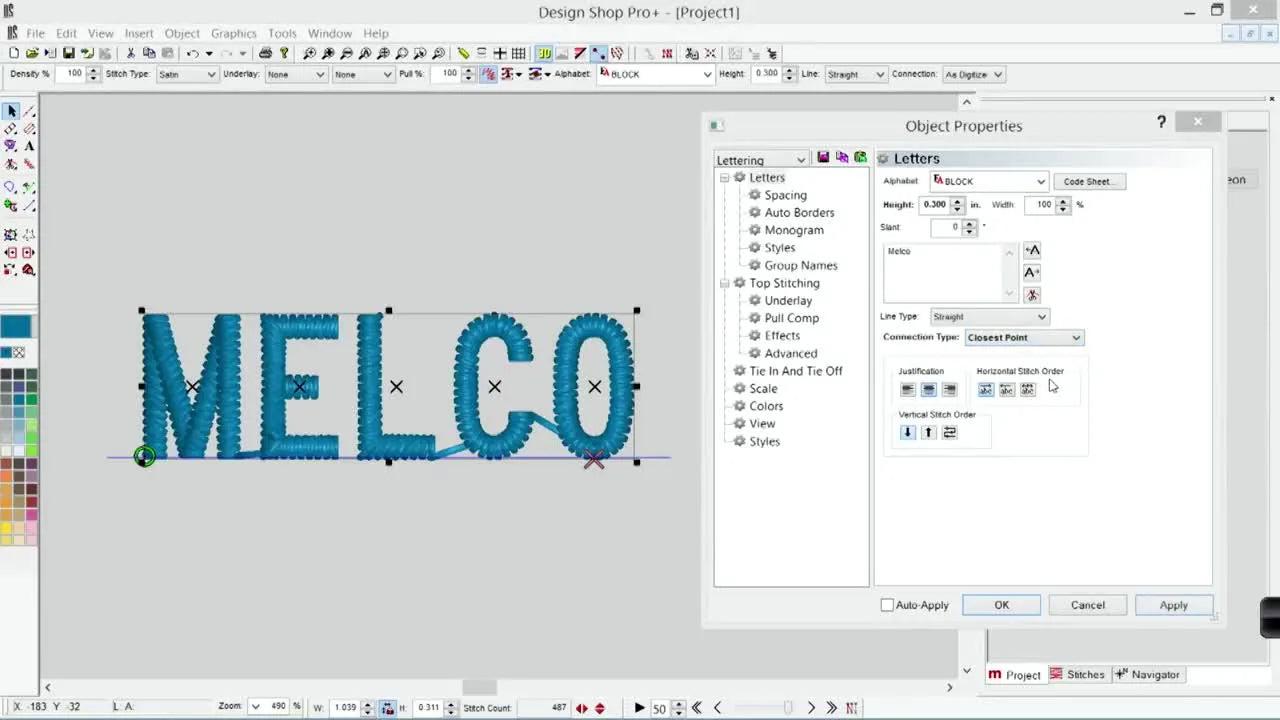 Melco DesignShop Pro+ Lettering Connection Type: Stop Tiny Text Dimples Without Ruining Big-Letter Layering
