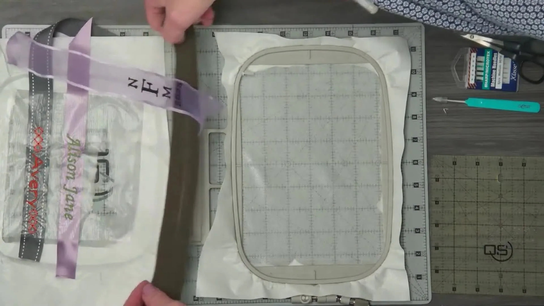 An overhead view shows a standard hoop aligned to a cutting mat grid while ribbon is placed perfectly straight for embroidery.