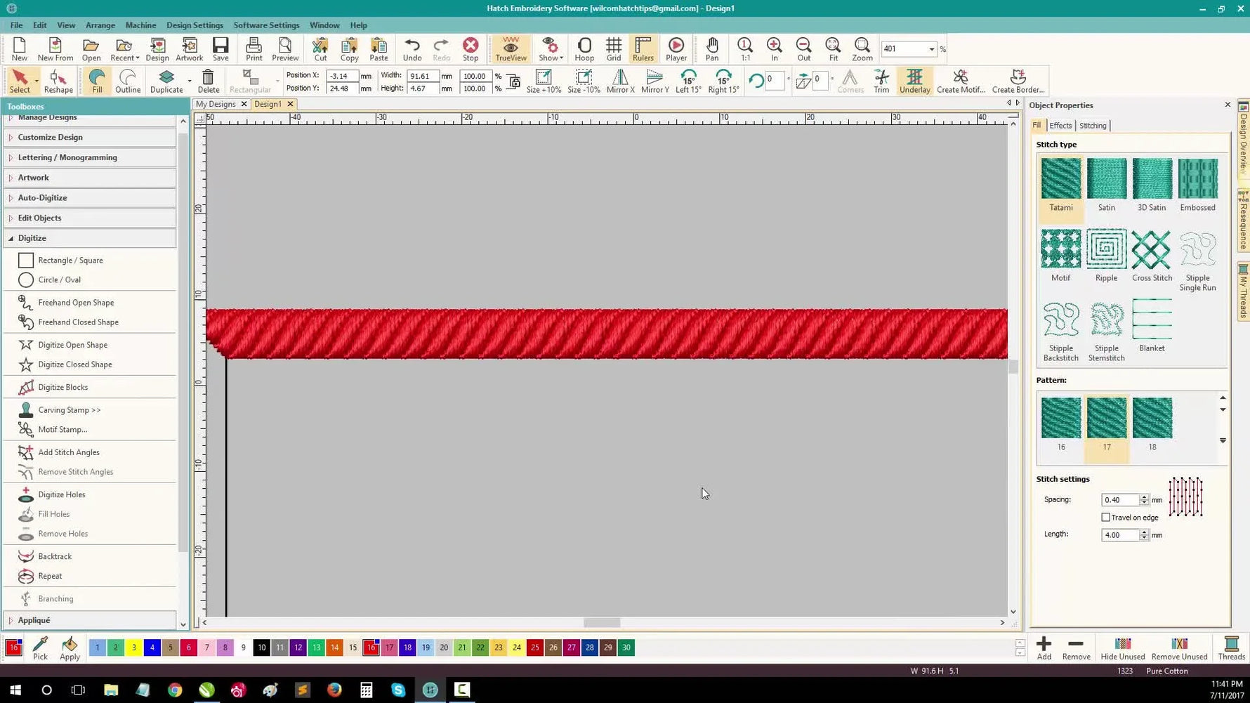 A Hatch screen capture showing a rectangular bar transformed into a twisted rope texture using Tatami Pattern 17.