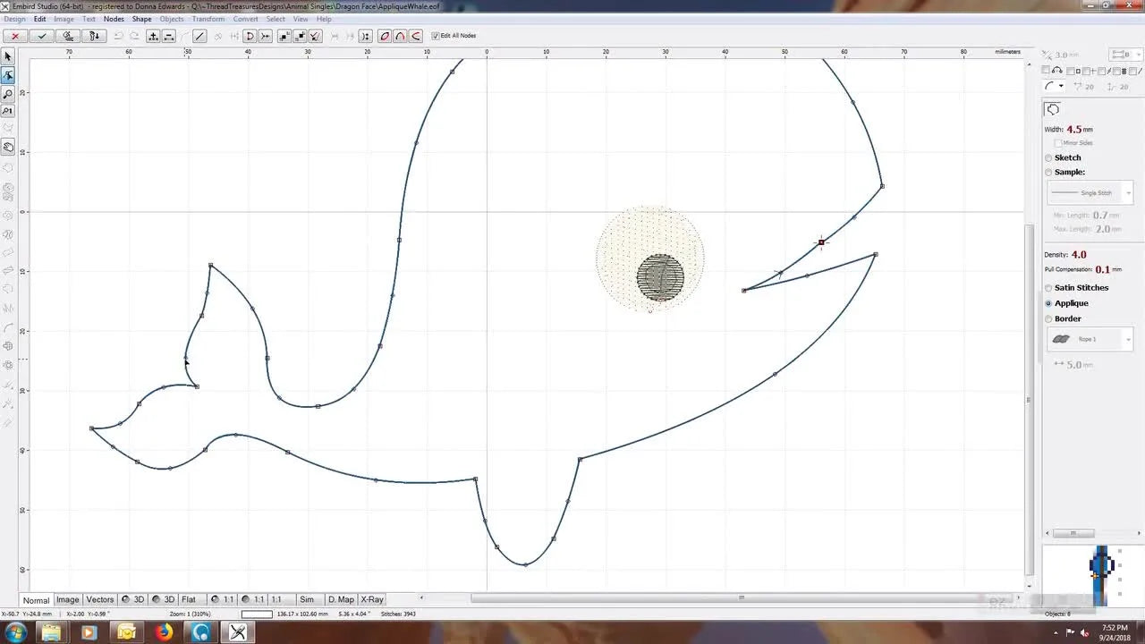 Embird wireframe view showing vector nodes being dragged to reshape a sharp appliqué point for cleaner satin coverage.